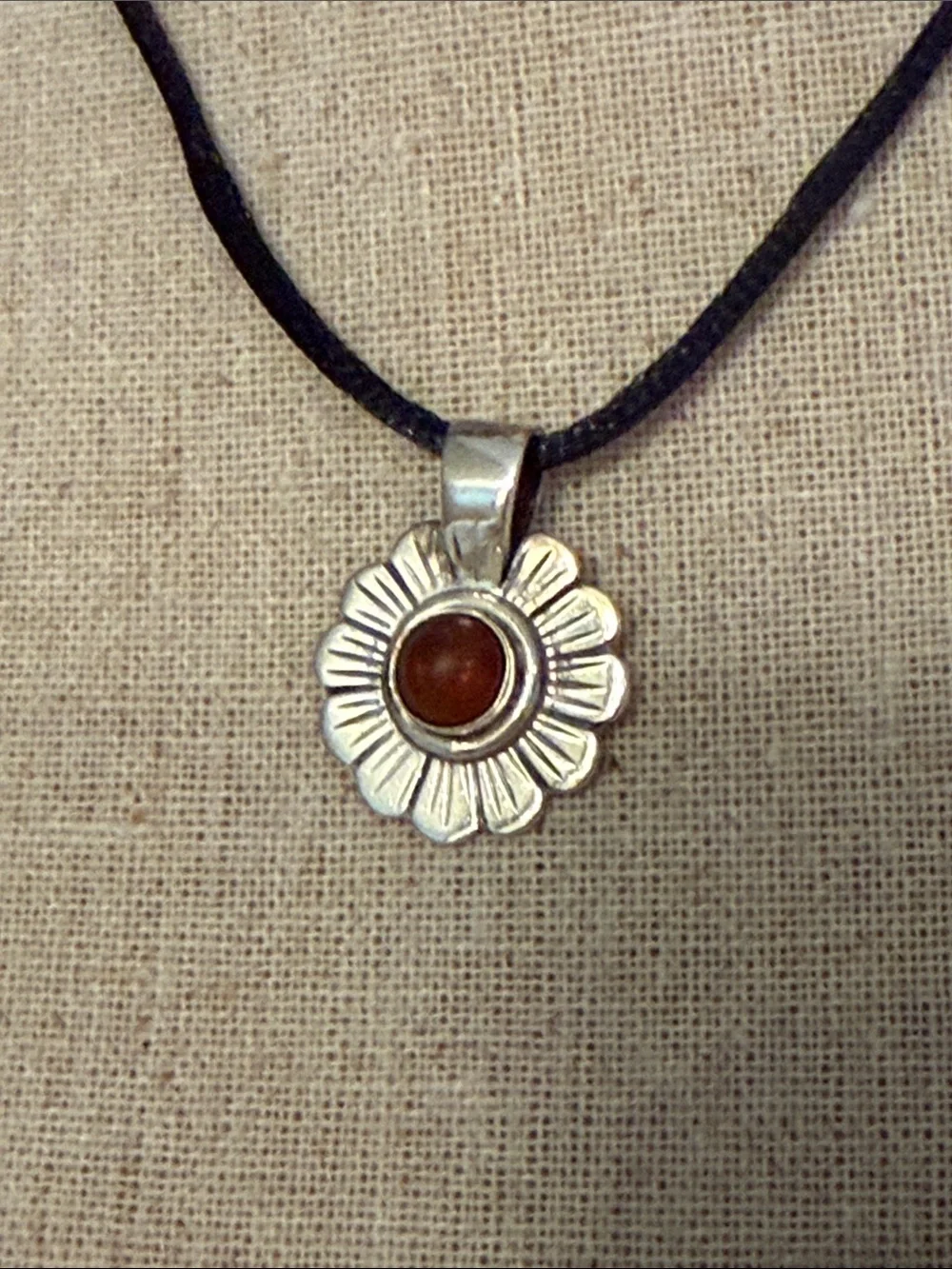 NECKLACE STERLING SILVER DAISY FLOWER PENDANT AMBER CENTER BLACK SILK CORD 17”